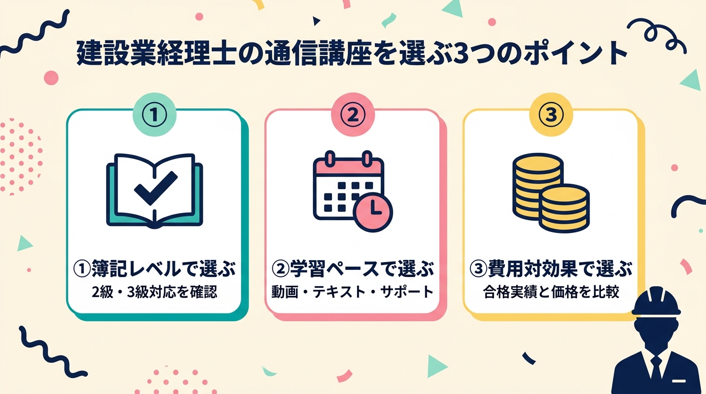 通信講座を選ぶ3つのポイント(簿記レベル・学習ペース・費用対効果)