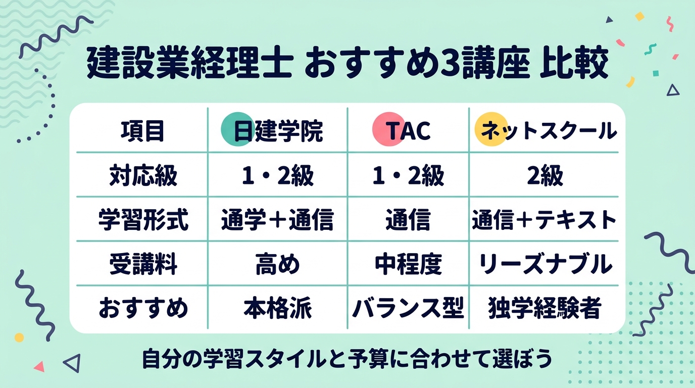 建設業経理士おすすめ3講座比較(日建学院・TAC・ネットスクール)