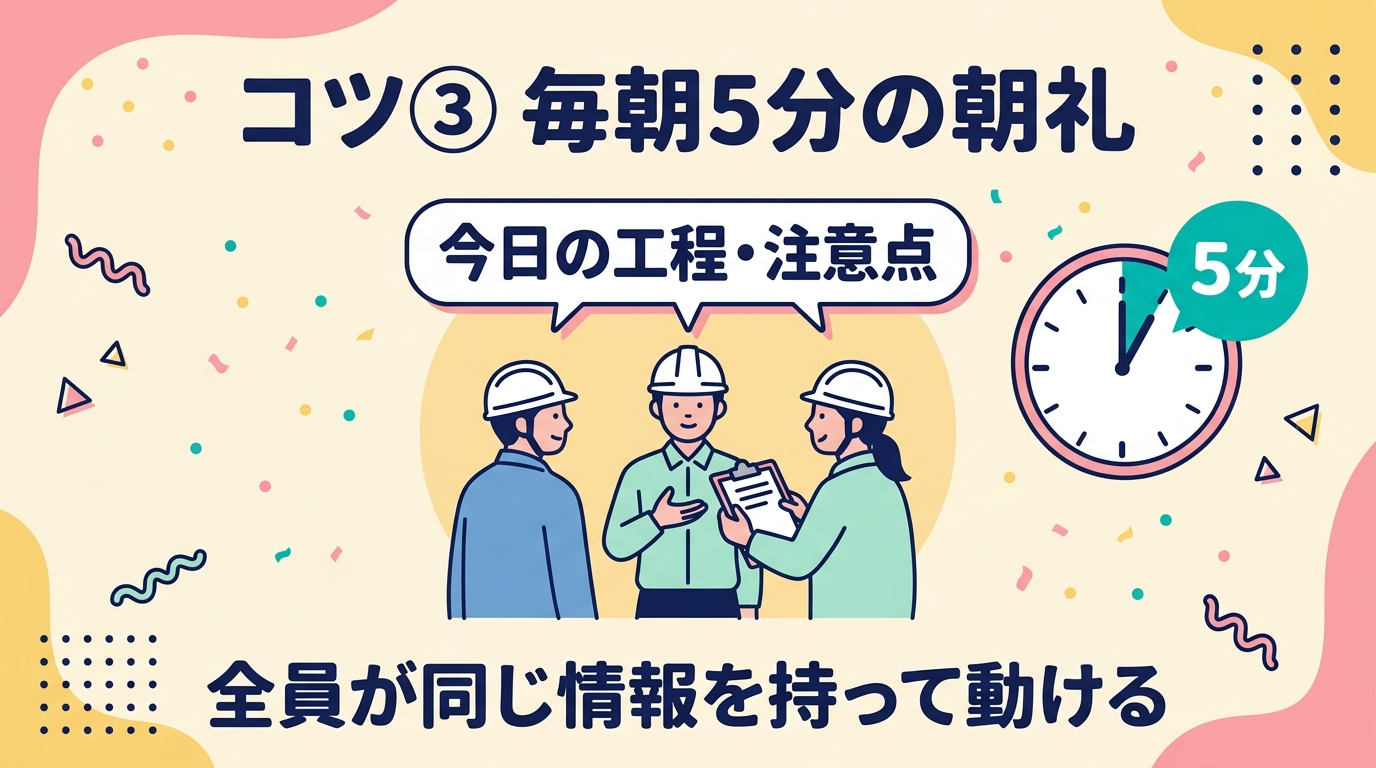 コツ③毎朝5分の朝礼