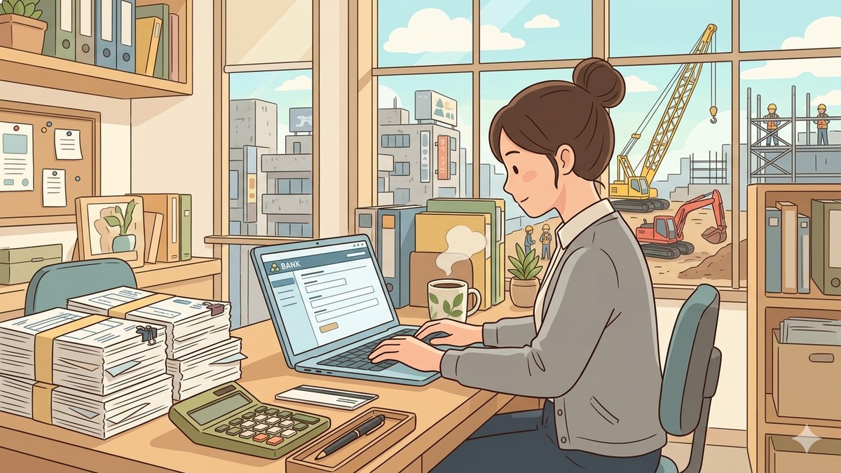 ATMに並ぶ銀行廻りのイラスト