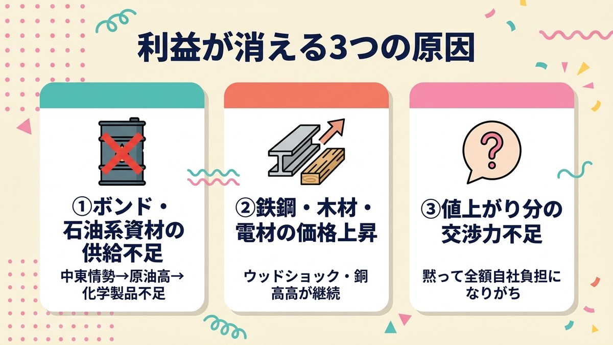 利益が消える3つの原因:ボンド不足・資材高騰・交渉力不足