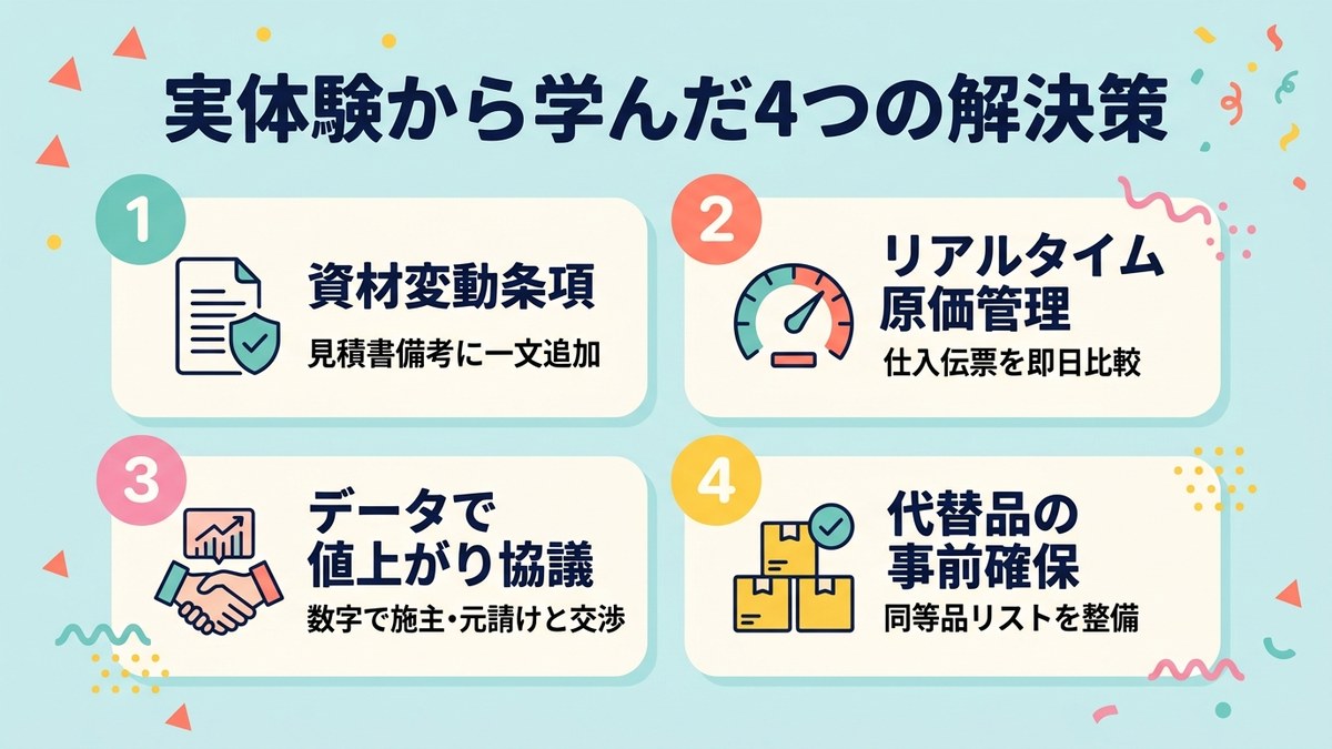 実体験から学んだ4つの解決策:変動条項・原価管理・交渉・代替品