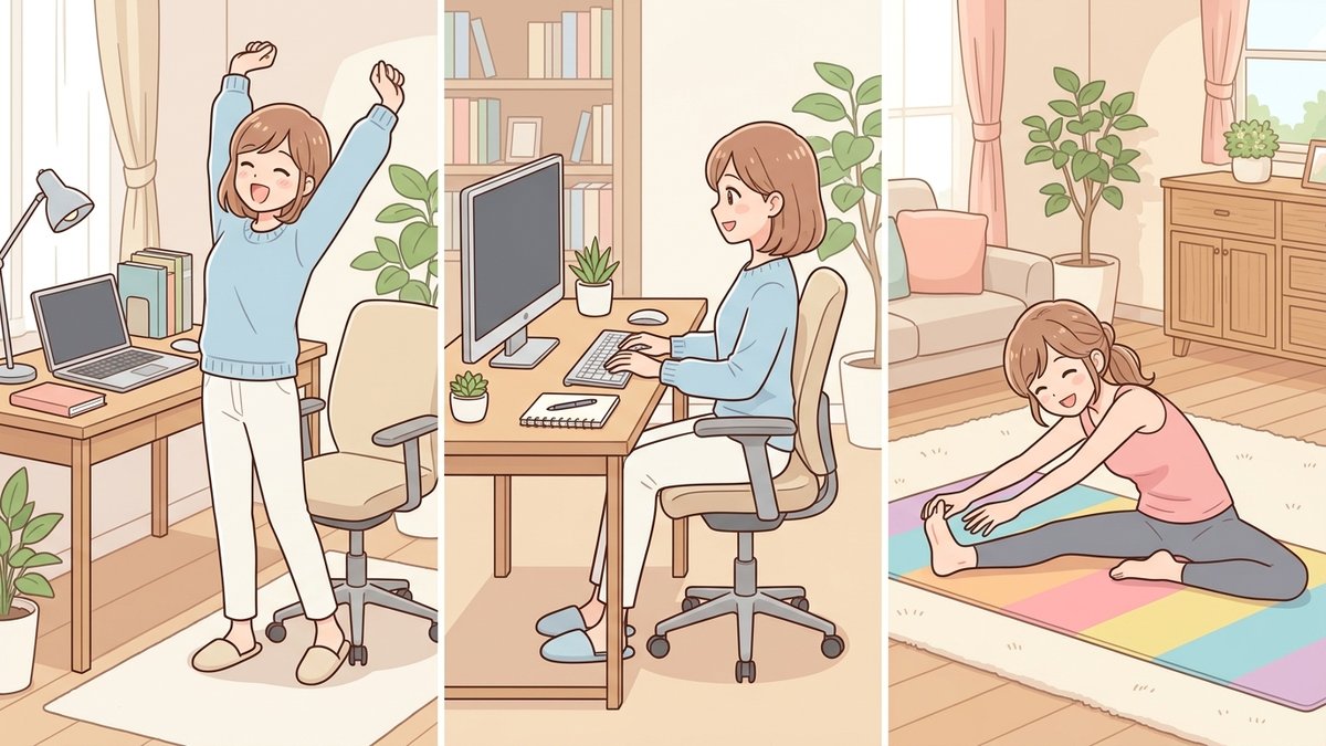 デスクワーク腰痛対策3ステップのイラスト