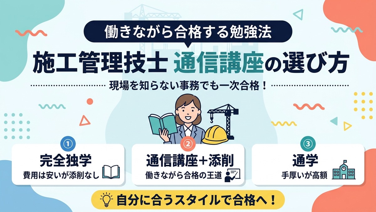 施工管理技士 通信講座の選び方 完全独学・通信講座+添削・通学の3スタイル比較