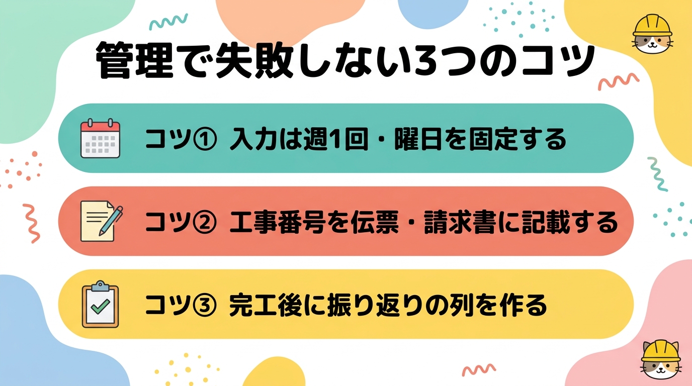管理で失敗しない3つのコツの図解