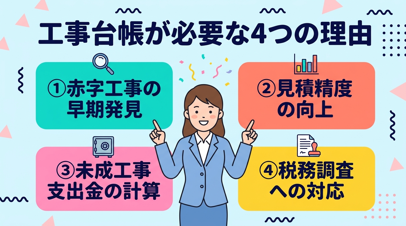 工事台帳が必要な4つの理由の図解