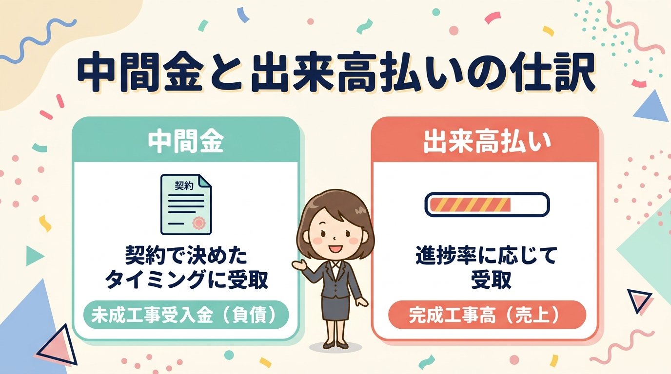 中間金と出来高払いの仕訳を比較したイラスト