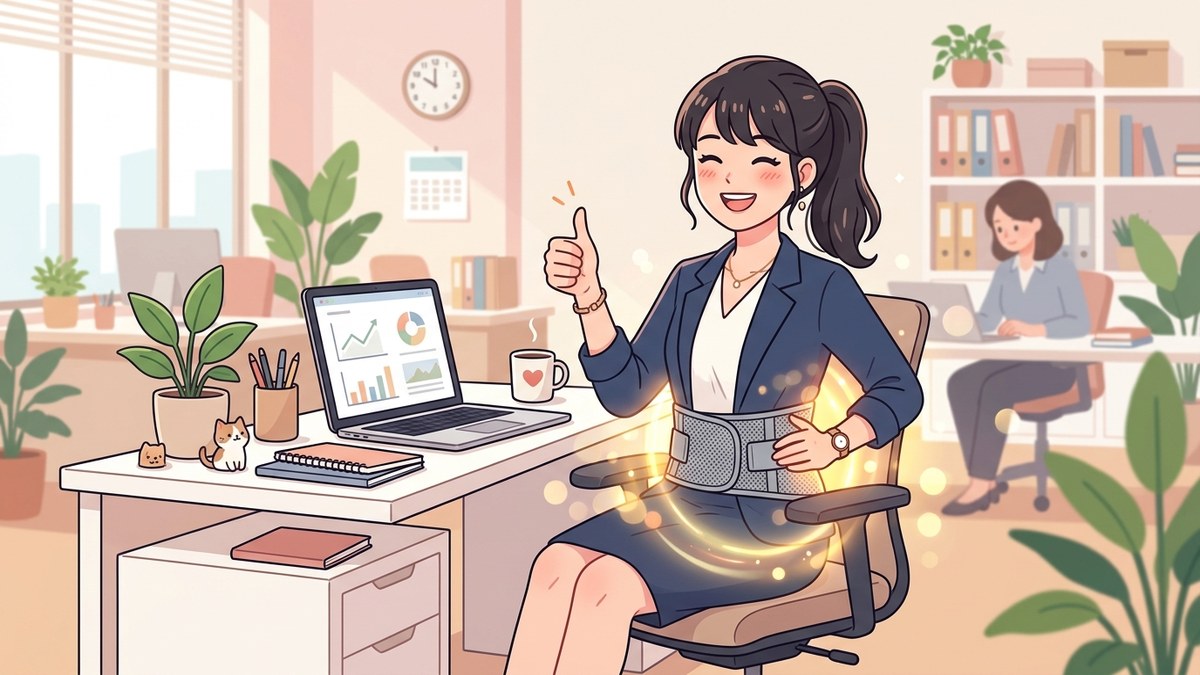腰ベルトを着けて快適にデスクワークする女性