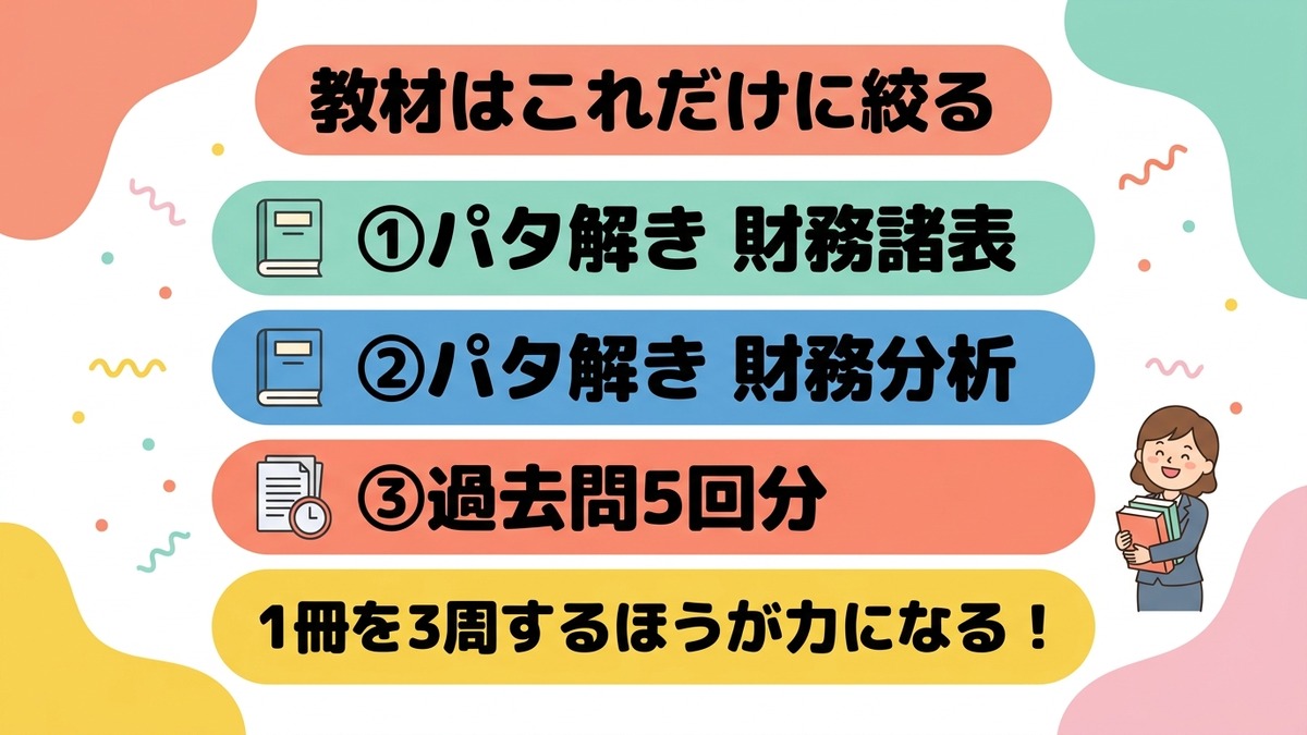 教材はパタ解き財務諸表・財務分析と過去問5回分に絞る