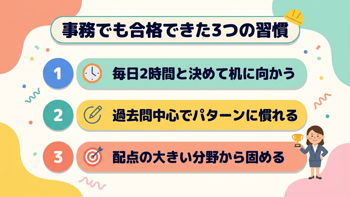 事務でも合格できた3つの習慣(毎日2時間・過去問中心・配点の大きい分野から)