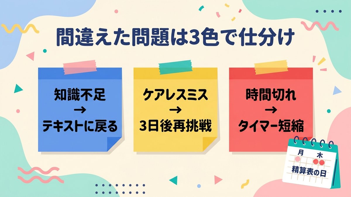 間違えた問題は3色で仕分け