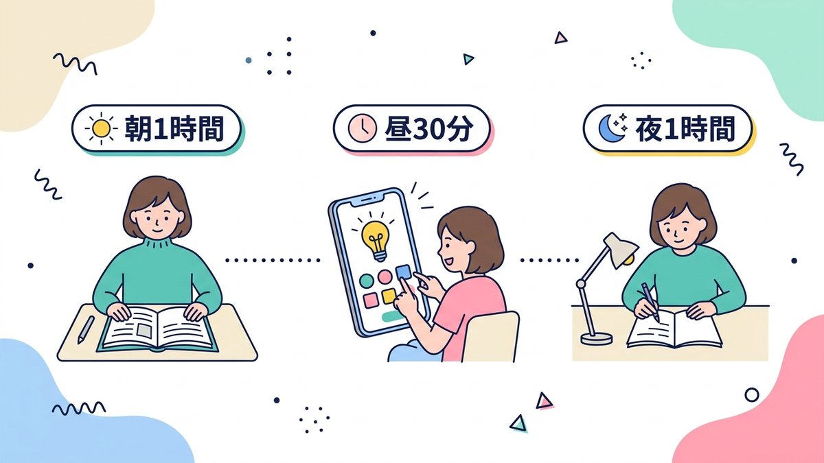 朝1時間・昼30分・夜1時間の1日の勉強ルーティンを示すタイムライン図