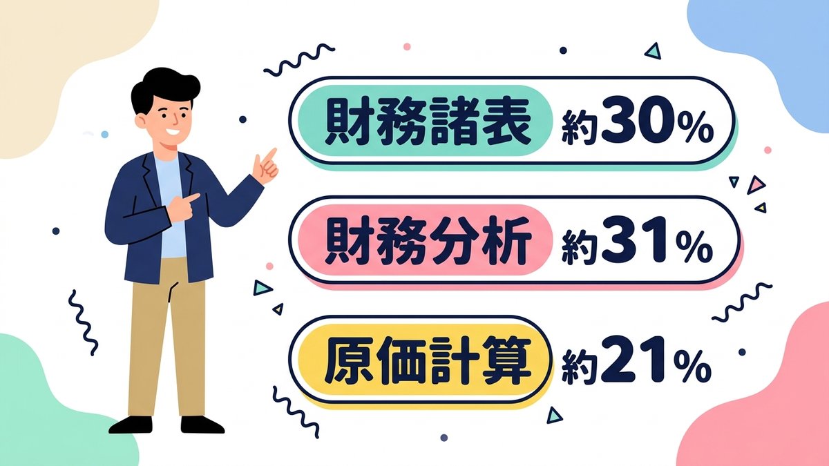 建設業経理士1級の科目別合格率（財務諸表約30％・財務分析約31％・原価計算約21％）を示す図