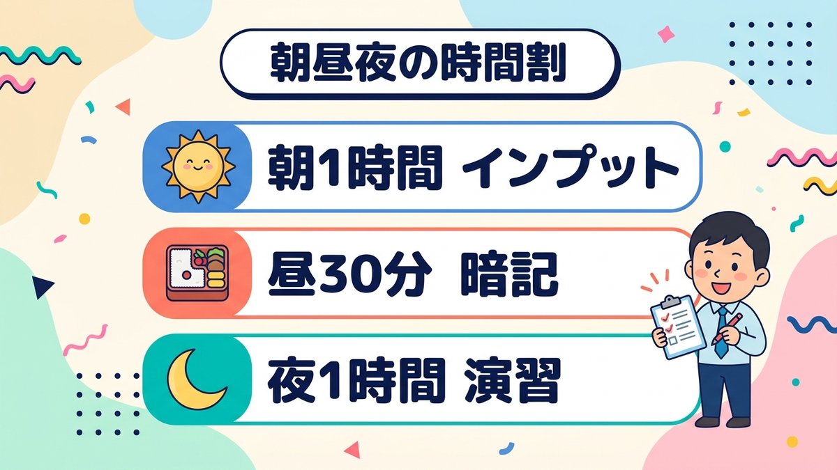 朝1時間インプット・昼30分暗記・夜1時間演習の時間割