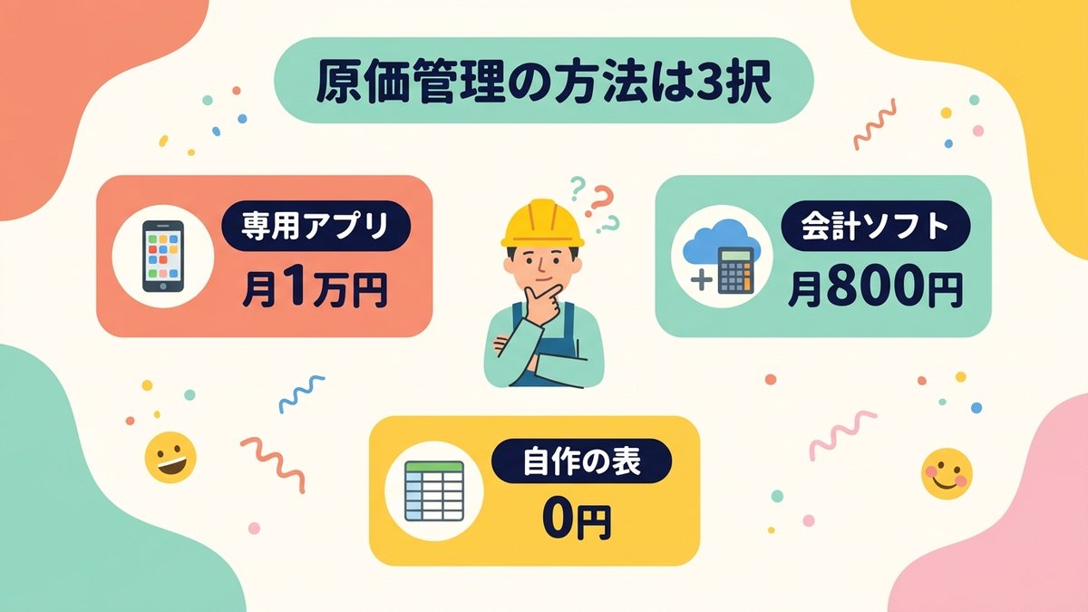 一人親方の原価管理の方法は3択(専用アプリ月1万円・会計ソフト月900円・自作の表0円)の図解