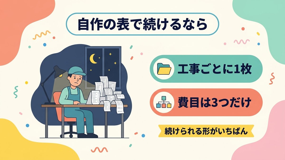 自作の表で原価管理を続ける場合の注意点(工事ごとに1枚・費目は3つだけ)の図解