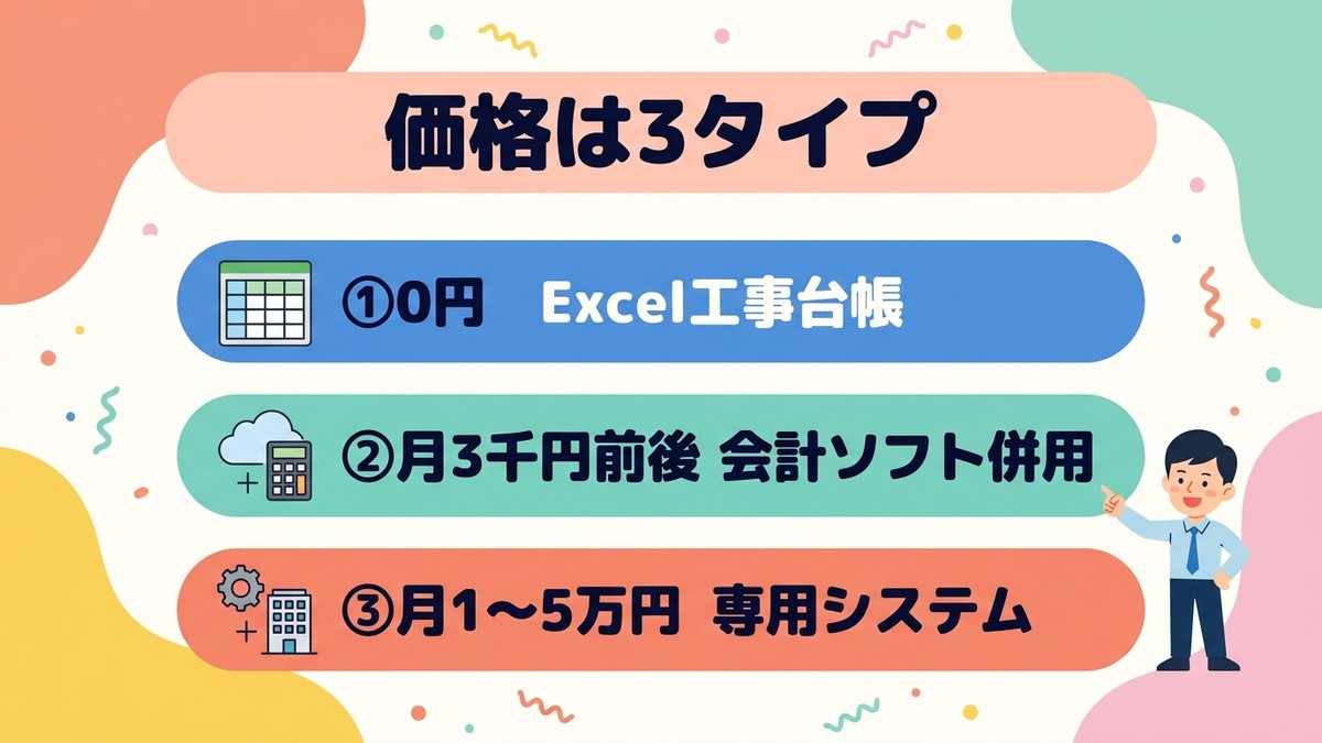 内装業の原価管理ソフトの価格は3タイプ(0円Excel・月3千円会計ソフト・月1〜5万円専用システム)