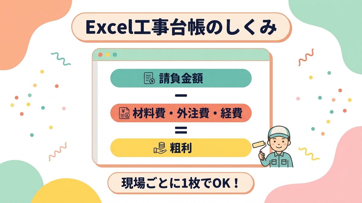 Excel工事台帳のしくみ(請負金額−材料費・外注費・経費=粗利)