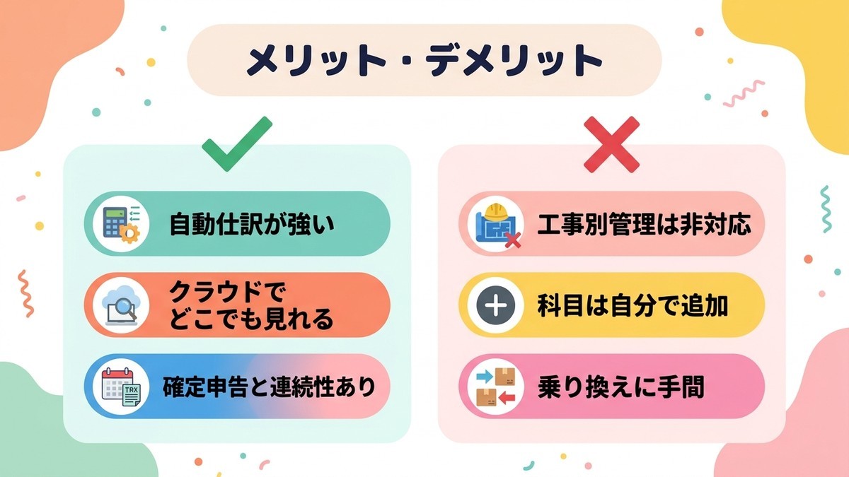 マネーフォワードのメリット・デメリット(自動仕訳が強い/工事別管理は非対応)