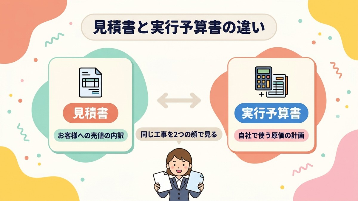 見積書と実行予算書の違いを対比する図解