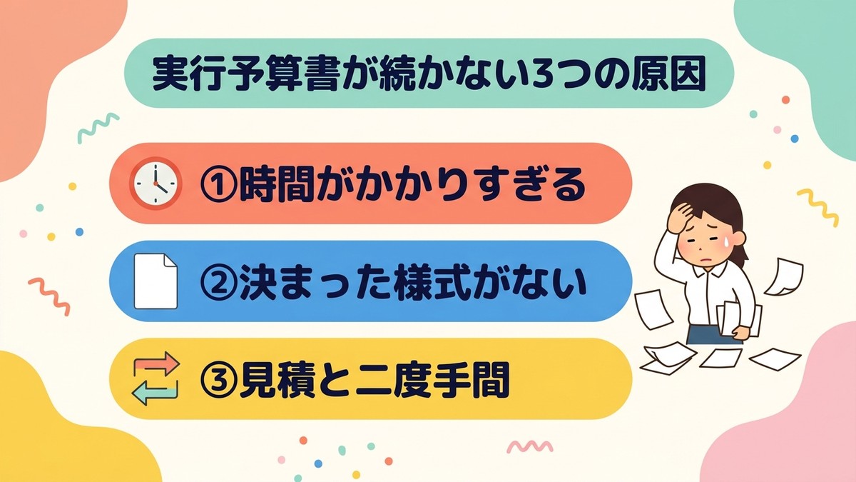 実行予算書が続かない3つの原因の図解