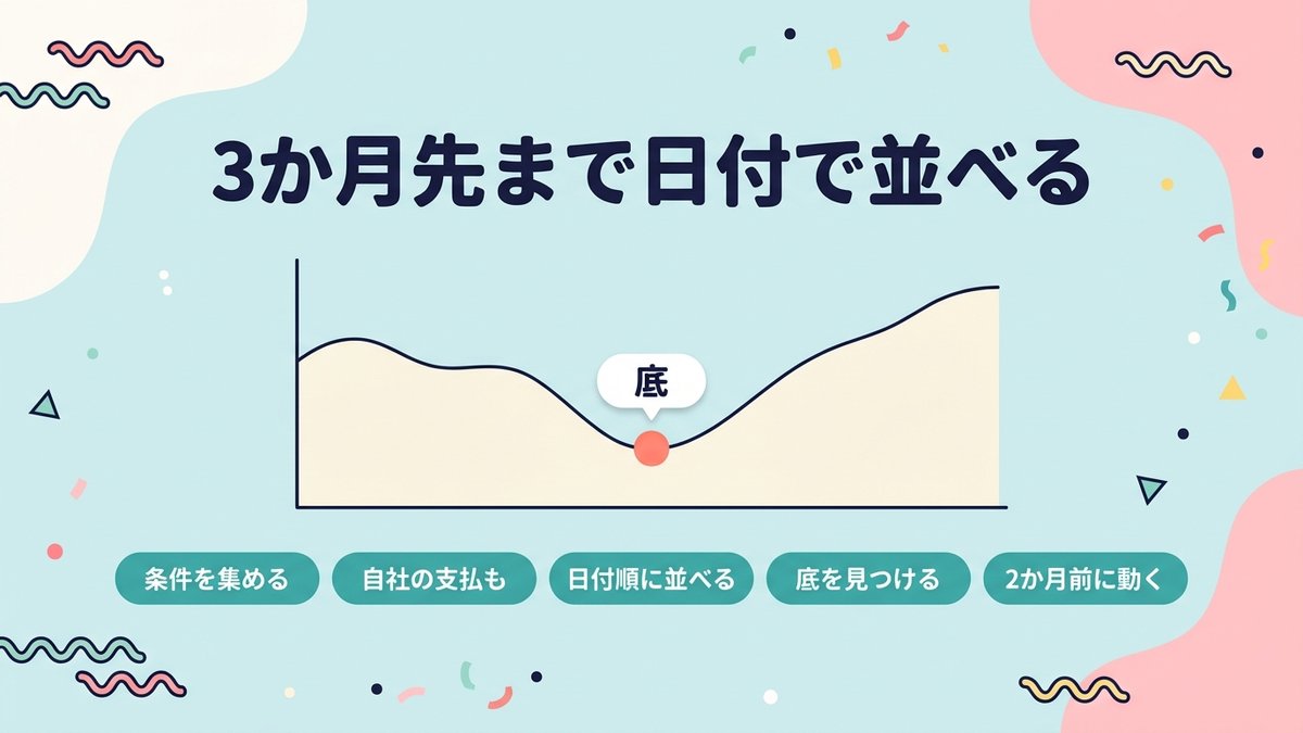 3か月先まで日付で並べて残高の底を見つける手順の図
