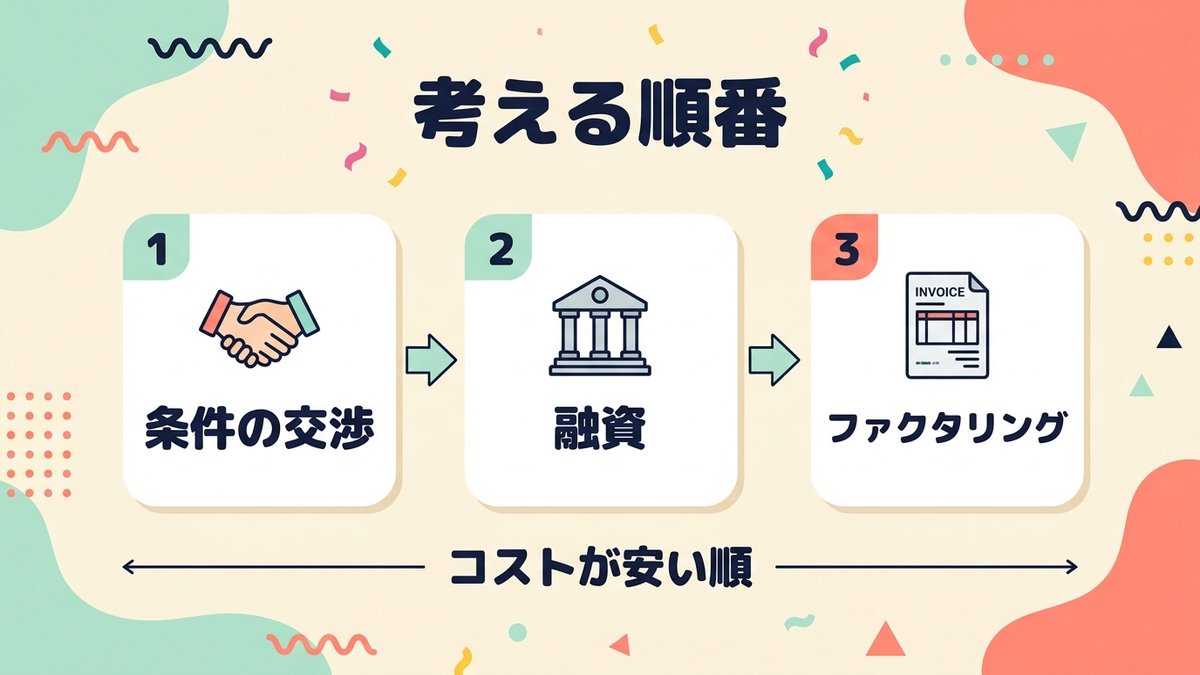 条件の交渉・融資・ファクタリングをコストが安い順に並べた図