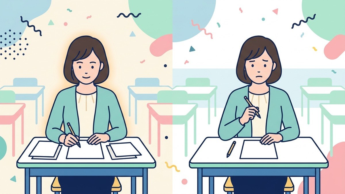 試験会場で2科目の答案に向かう女性。手応えのある科目と手が止まった科目の対比