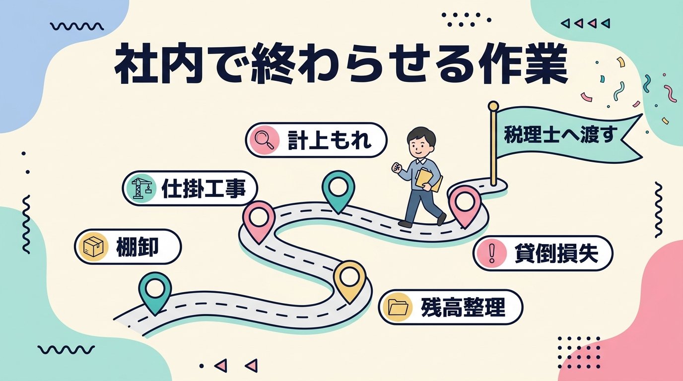 決算前に社内で終わらせる作業(棚卸・仕掛工事・計上もれ・残高整理・貸倒損失)を1本の道で表した図