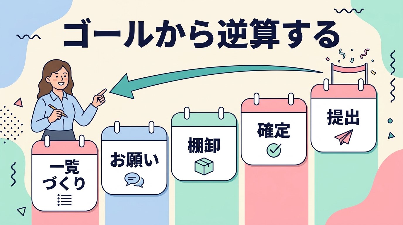 税理士に資料を渡す日から逆算して、一覧づくり・お願い・棚卸・確定・提出を並べた図