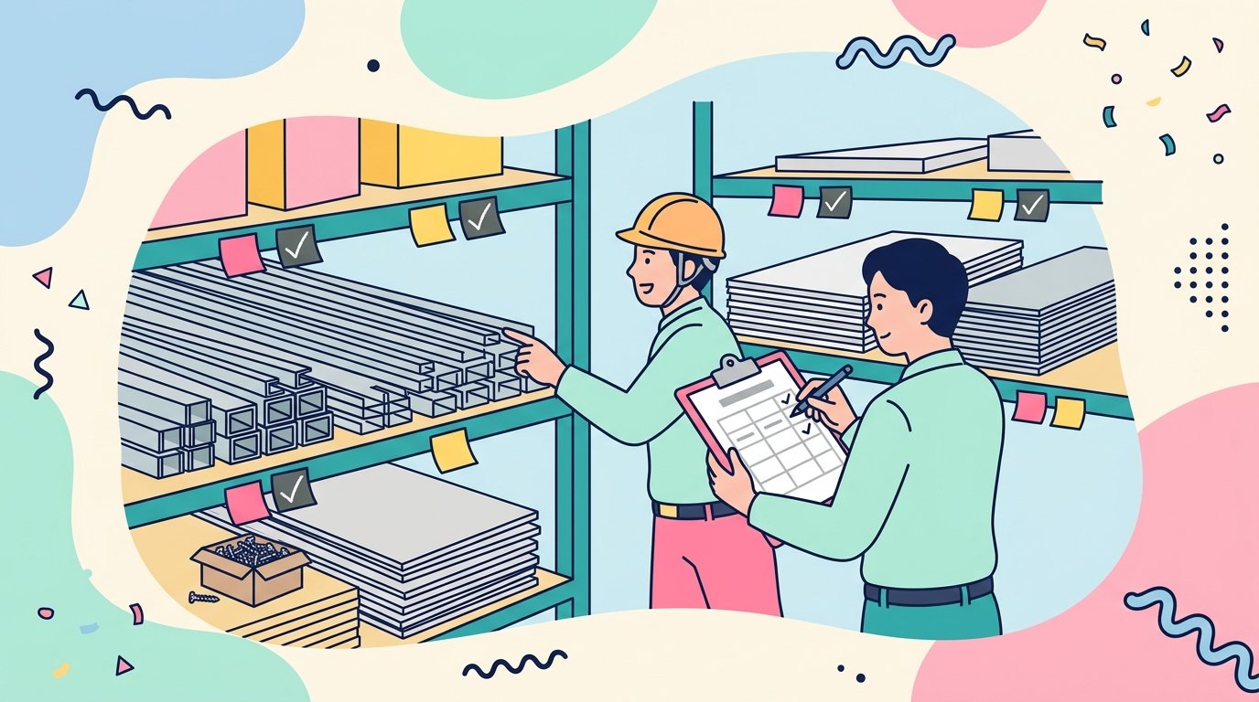 2人1組で材料を数え、数え終わった棚に印をつける棚卸の様子