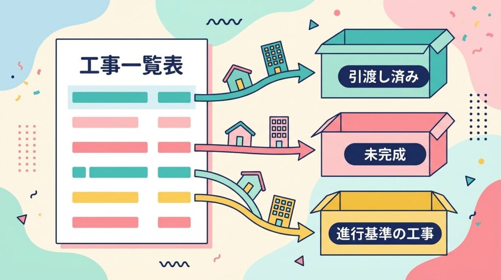 工事一覧表の工事を、引渡し済み・未完成・進行基準の工事の3つの箱に分ける図