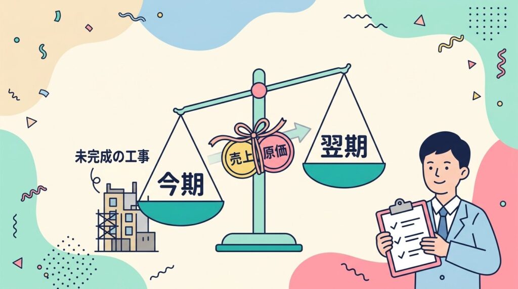 未完成の工事は、売上と原価をセットで翌期へ移すことを表した天秤の図