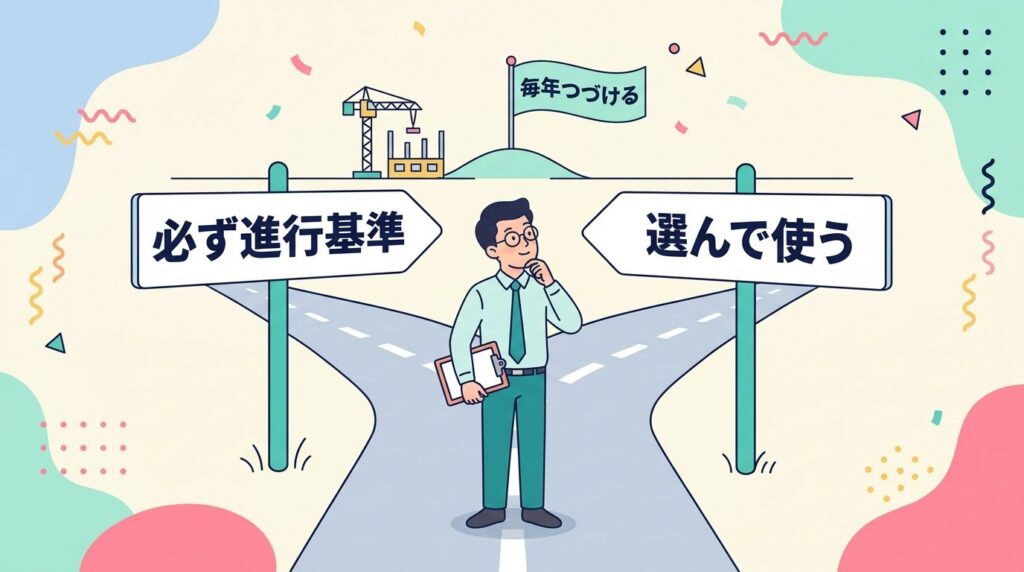進行基準は「必ず進行基準」と「選んで使う」の分かれ道があり、どちらも毎年つづける図