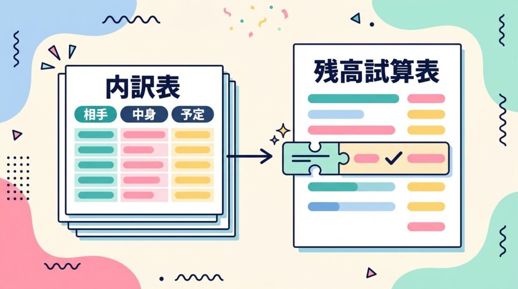 相手・中身・予定を書いた内訳表の合計を、残高試算表と合わせる図
