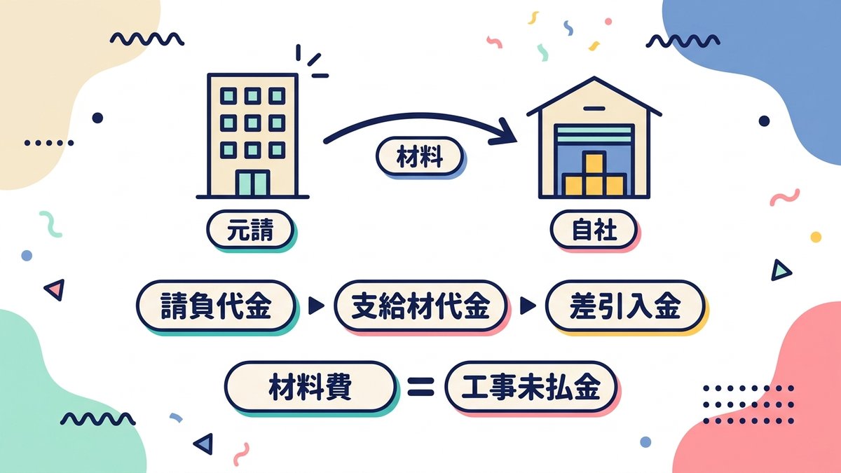 有償支給の仕訳|材料費に計上し、相殺で精算する