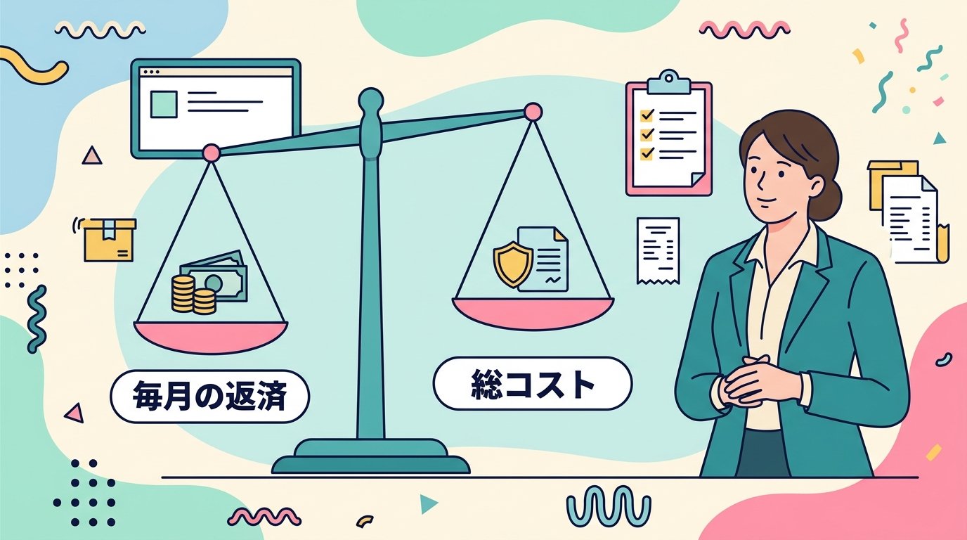 毎月の返済と総コストを天秤で比べるイメージ