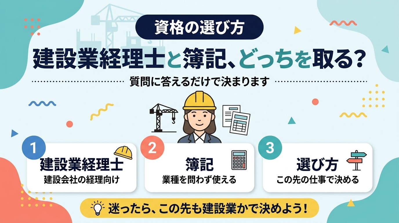 建設業経理士と簿記、どっちを取る？と書かれた資格の選び方のアイキャッチ。ヘルメット姿の女性とクレーン、電卓と書類のイラスト
