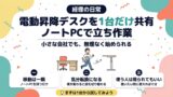 自分の席からノートパソコンを持って電動昇降デスクへ移動する社員のイラスト