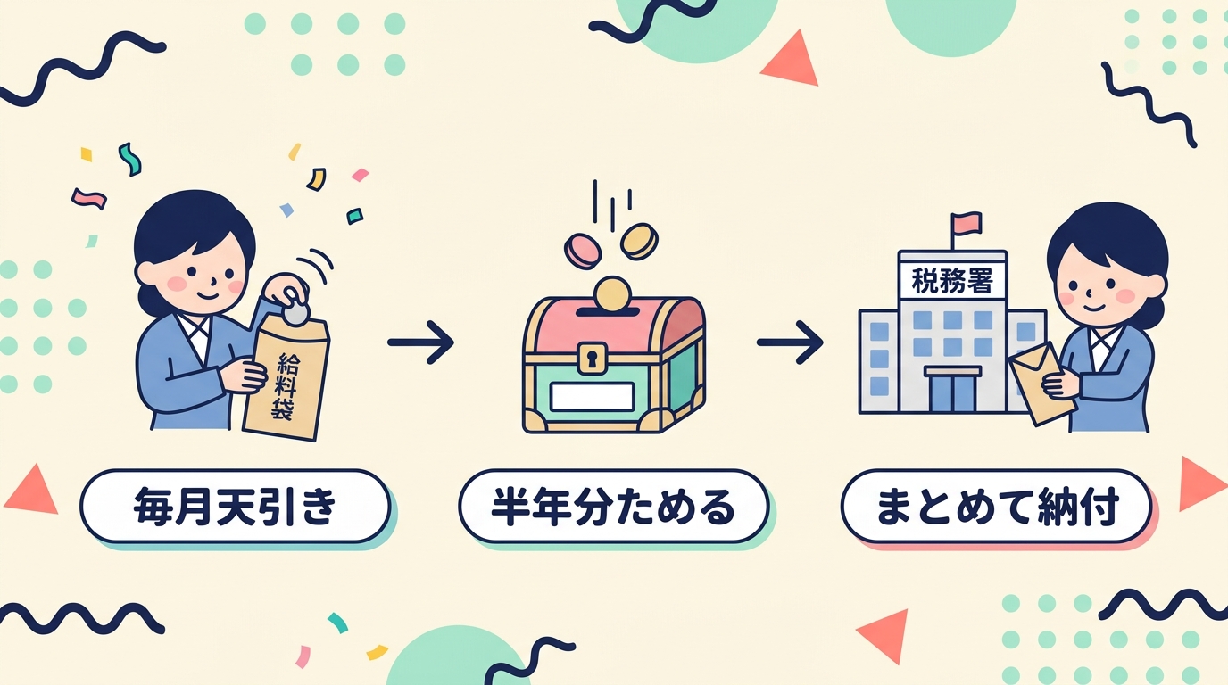 毎月天引きした源泉所得税を半年分ためて年2回まとめて納める流れ