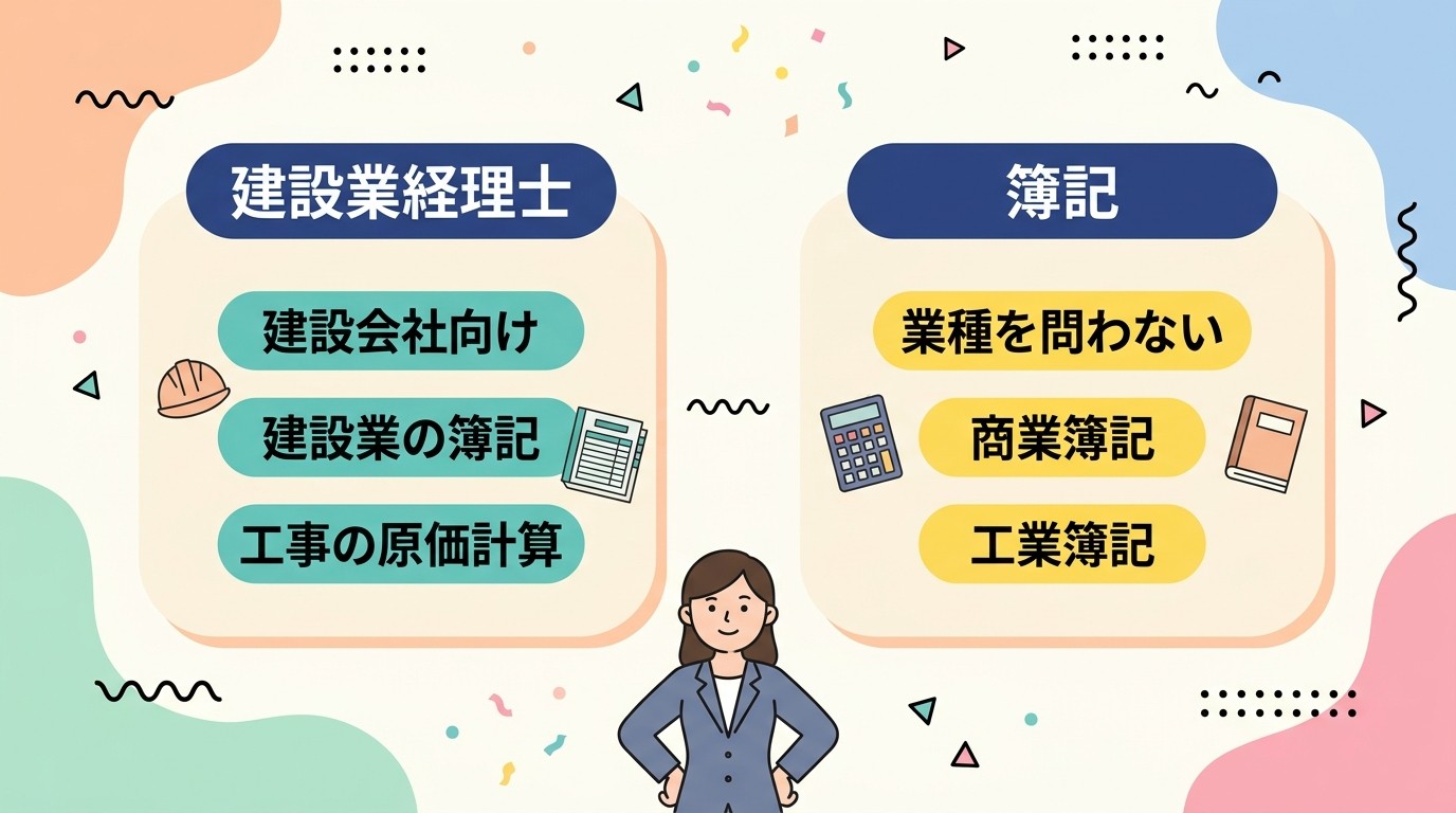 建設業経理士(建設会社向け・工事の原価計算)と簿記(業種を問わない・商業簿記・工業簿記)を左右に並べて比べるイラスト。中央に女性が立っている