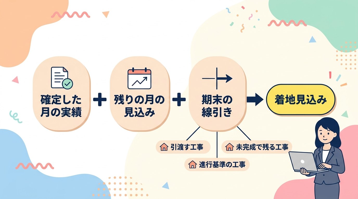 確定した月の実績に残りの月の見込みと期末の線引きを足して着地見込みを出す流れの図。線引きは引渡す工事・進行基準の工事・未完成で残る工事に分かれる