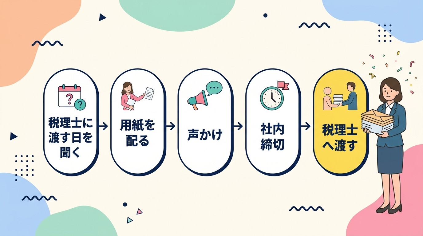年末調整の書類を税理士に渡す日から逆算して回収スケジュールを立てる事務担当者のイラスト