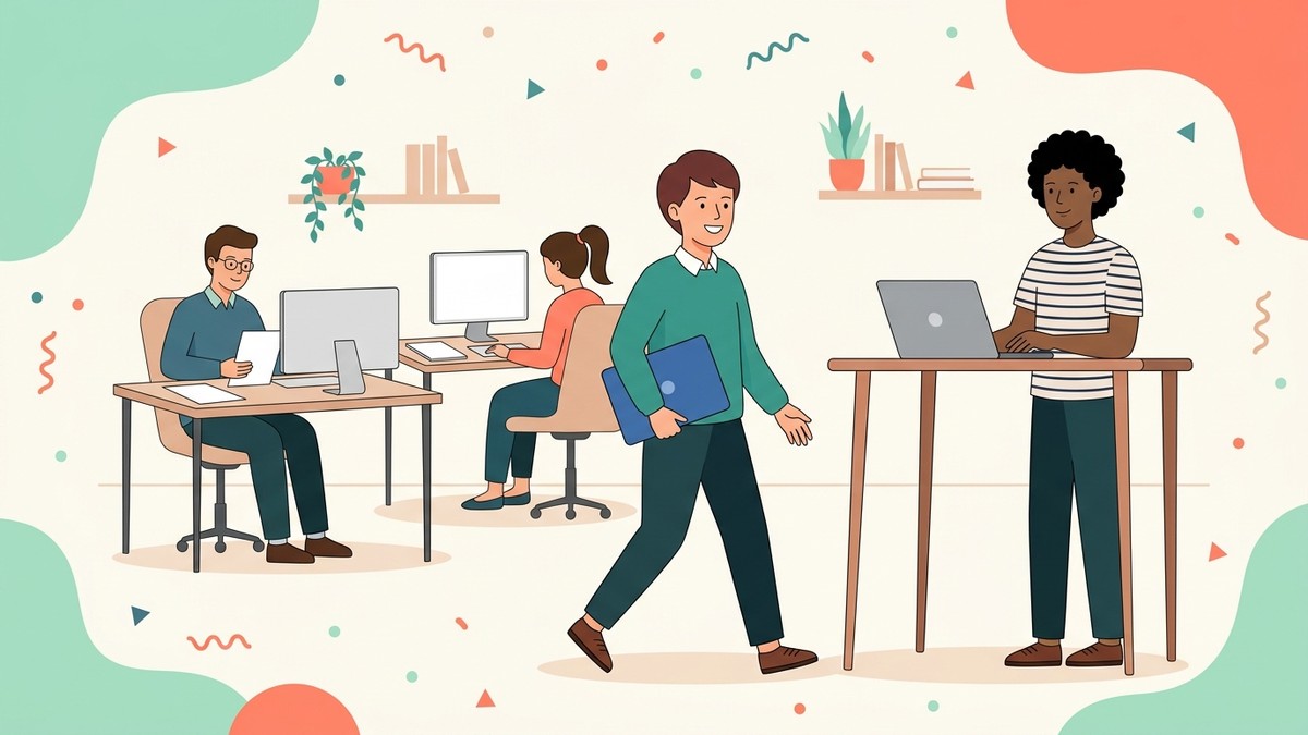 ノートパソコンを持って昇降デスクに移動する社員と、周りで座って作業する同僚たちのイラスト