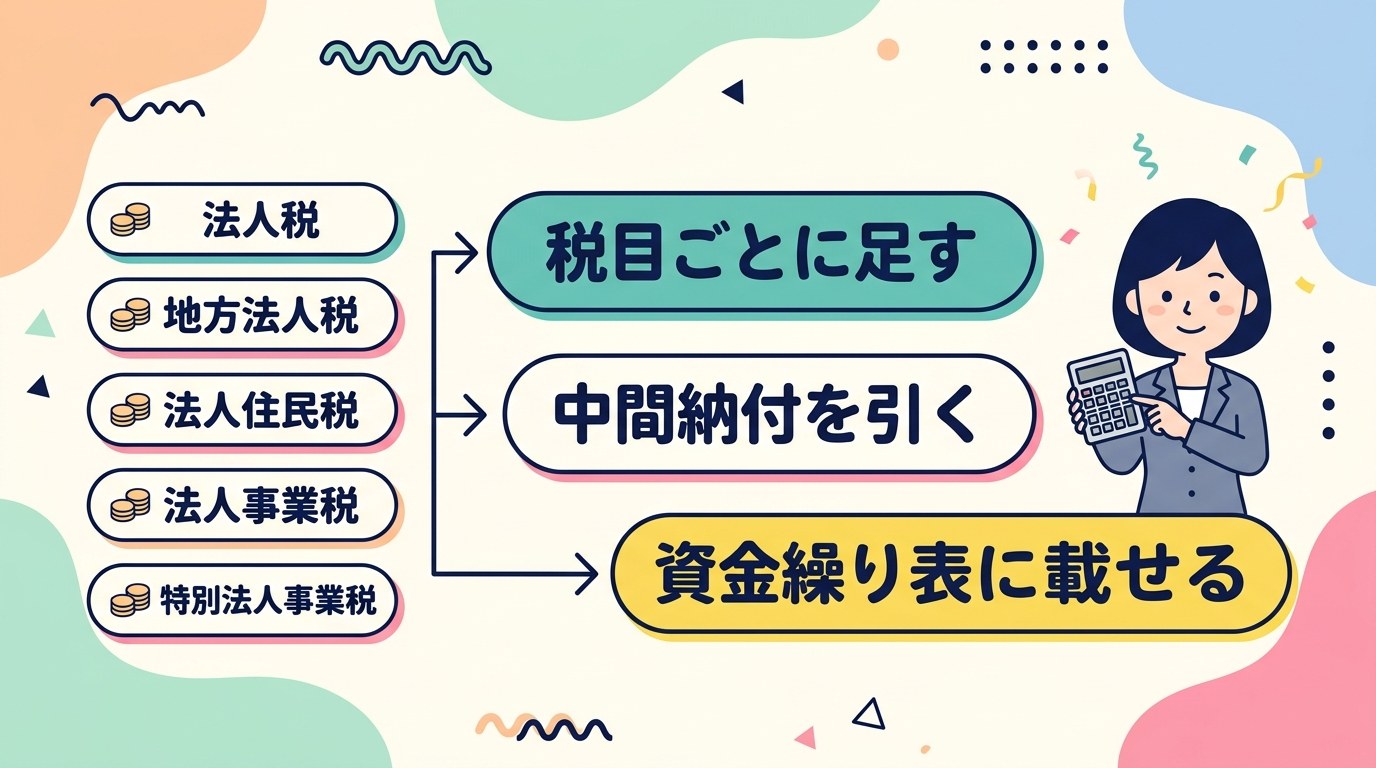 法人税・地方法人税・法人住民税・法人事業税・特別法人事業税を税目ごとに足し、中間納付を引いて資金繰り表に載せる流れの図