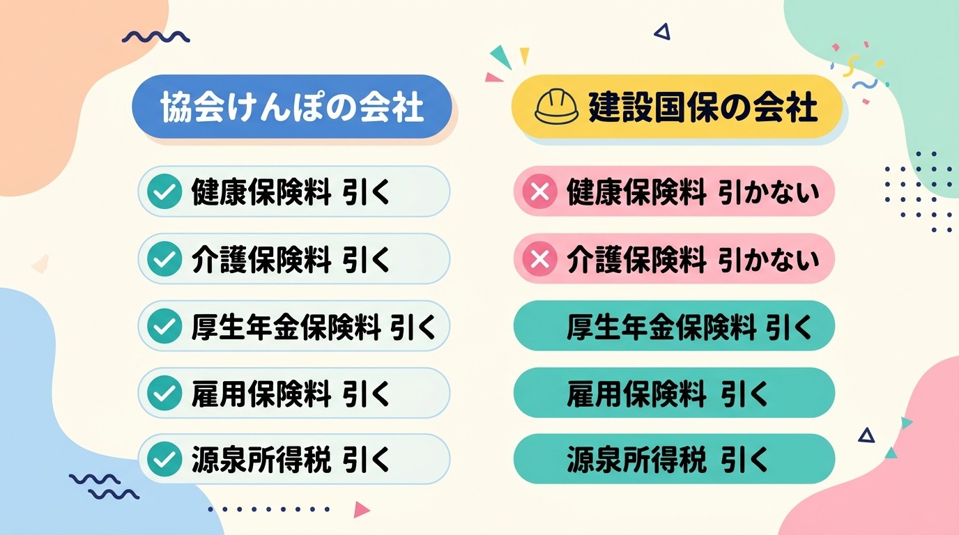賞与から引かれる項目を2つの封筒で比べ、建設国保では健康保険が引かれないことを示すイラスト