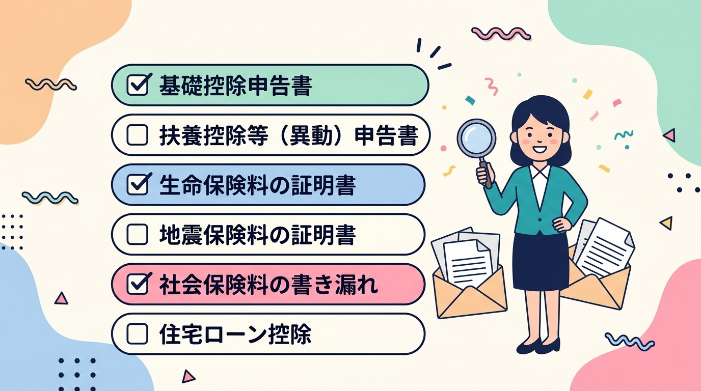 返ってきた封筒の中身を確認し、記入漏れをチェック表で点検する事務担当者のイラスト
