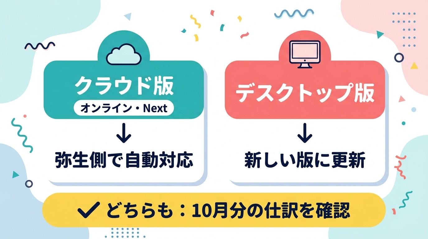 クラウド版は弥生側で自動対応、デスクトップ版は新しい版に更新、どちらも10月分の仕訳を確認