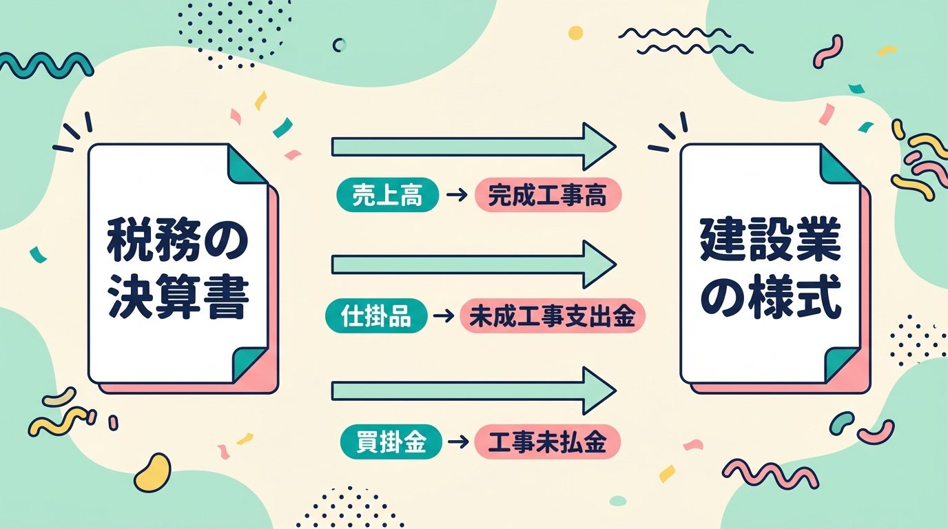 税務の決算書の科目を建設業法の様式の科目に組み替えるイメージ