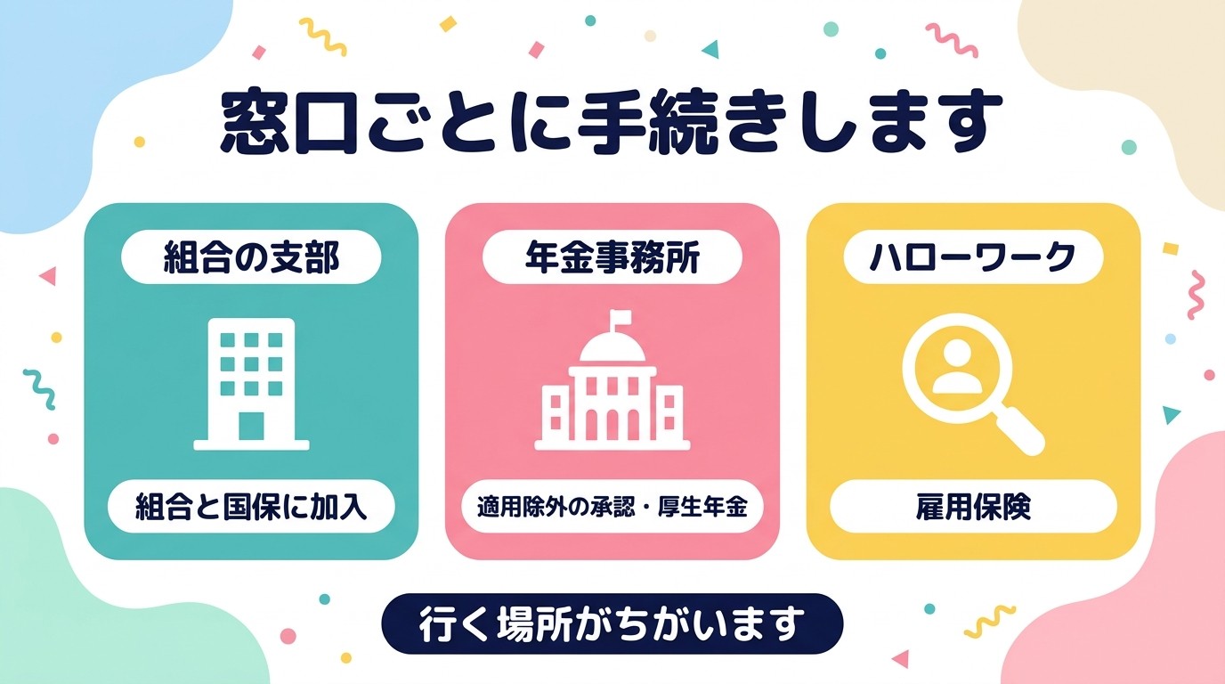 入社手続きの窓口 組合の支部・年金事務所・ハローワーク
